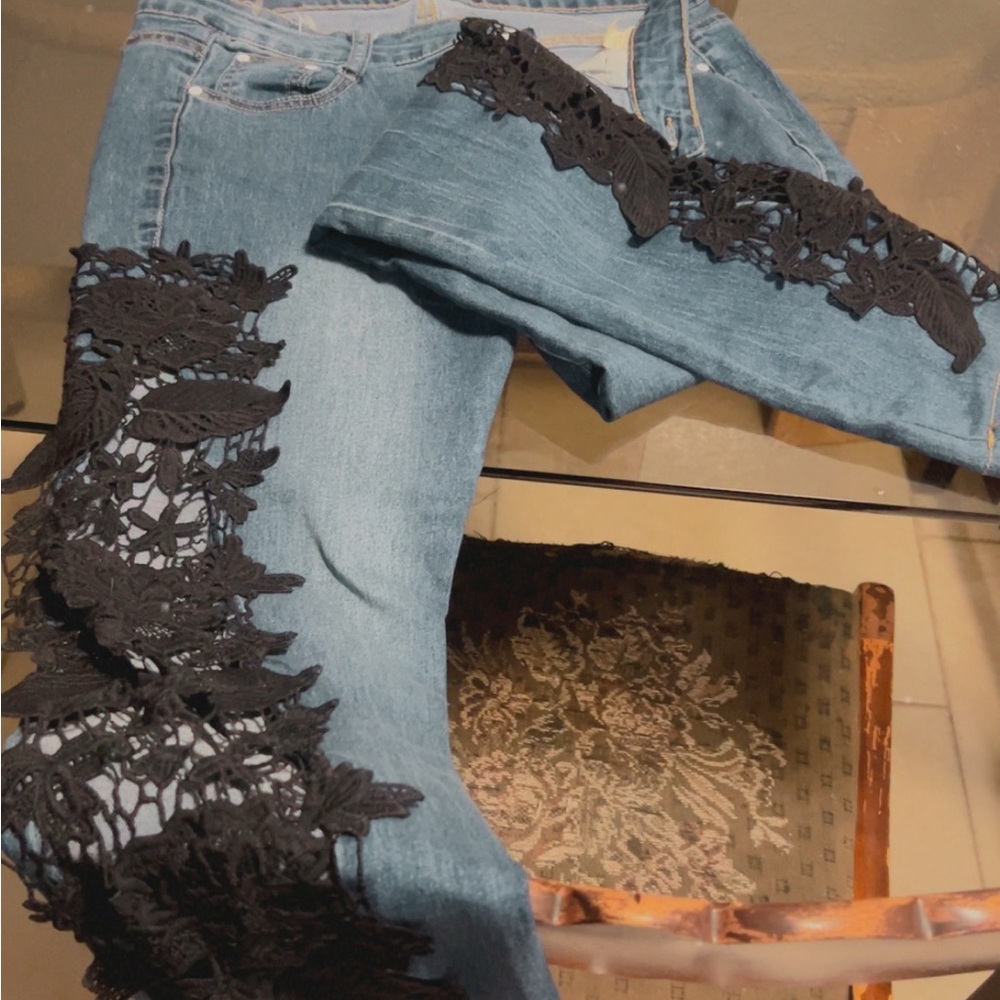 Women's Blue Jeans with Black Lace Detail